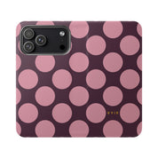 iPhone 17 Pro Max Vegan Leather Wallet Case – Pink Plum Polka Dot Design - VYIR