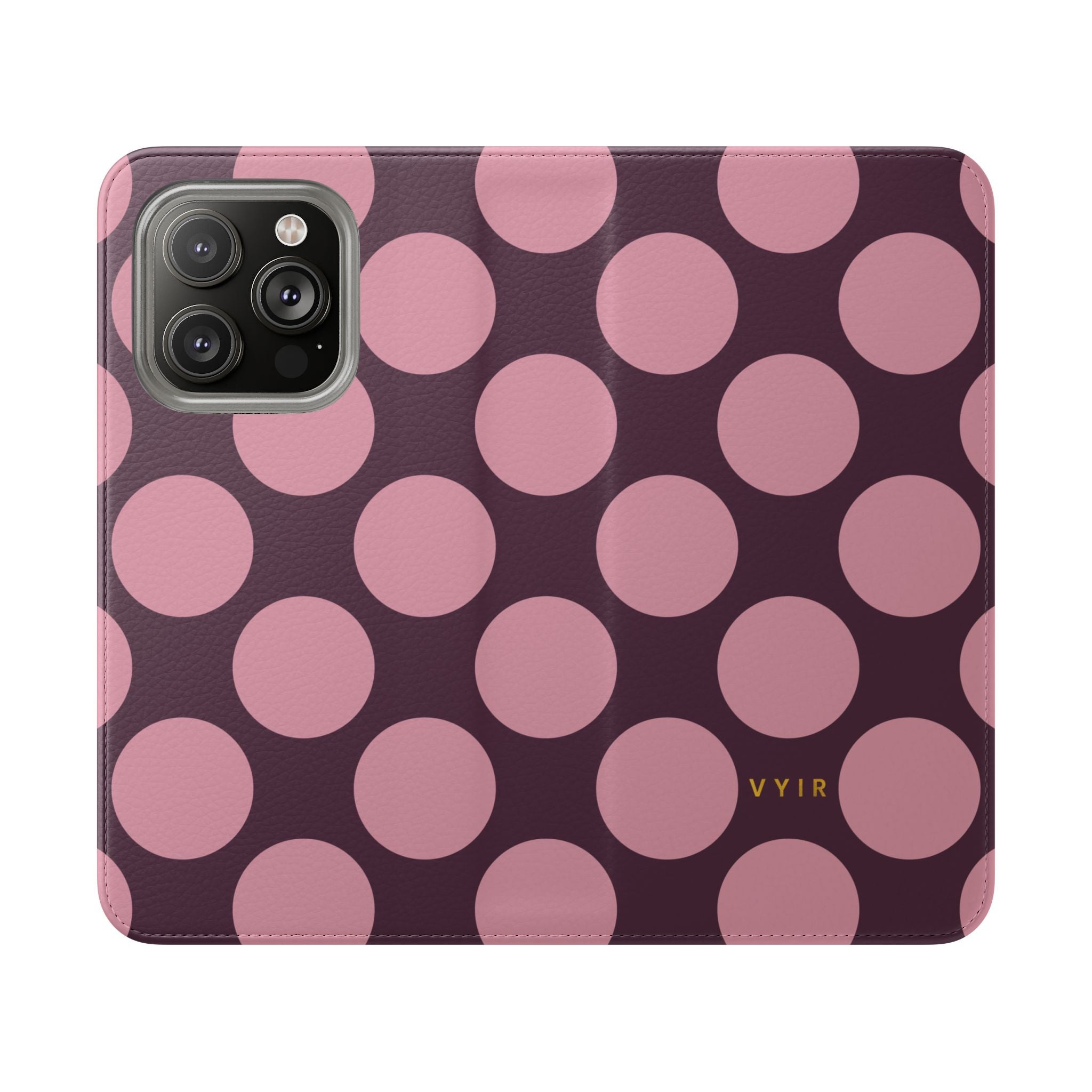 iPhone 14 Pro Vegan Leather Wallet Case – Pink Plum Polka Dot Design - VYIR