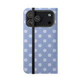 iPhone 17 Pro Max -puhelimelle tarkoitettu vegaaninen nahkainen lompakkokuori – vaaleansininen Polka Dot -kuvio