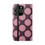 iPhone 16 Pro Vegan Leather Wallet Case – Pink Plum Polka Dot Design - VYIR