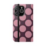 iPhone 16 Pro -vegaaninahkainen lompakkokuori – Pink Plum Polka Dot -kuosi