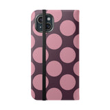 iPhone 15 Plus -vegaaninahkainen lompakkokuori – Pink Plum Polka Dot -kuosi