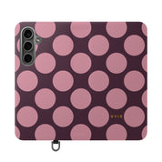 Samsung Galaxy S24 Plus Vegan Leather Wallet Case – Pink Plum Polka Dot Design - VYIR