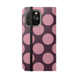 iPhone 14 Pro Max vegaaninen nahkalompakkokuori – Pink Plum Polka Dot -kuvio