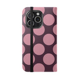 iPhone 15 Pro -vegaaninahkainen lompakkokuori – Pink Plum Polka Dot -kuosi