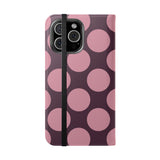 iPhone 16 Pro Max -vegaaninahkainen lompakkokuori – Pink Plum Polka Dot -kuosi