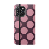 iPhone 15 Pro Max -vegaaninahkainen lompakkokuori – Pink Plum Polka Dot -kuosi