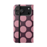 iPhone 17 Pro Max -vegaaninahkainen lompakkokuori – Pink Plum Polka Dot -kuosi