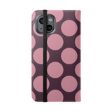 iPhone 14 -vegaaninahkainen lompakkokuori – Pink Plum Polka Dot -kuosi
