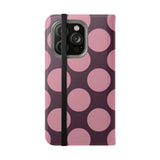 iPhone 14 Pro vegaaninen nahkalompakkokuori – Pink Plum Polka Dot -kuvio