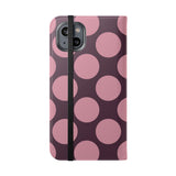 iPhone 14 Plus -vegaaninahkainen lompakkokuori – Pink Plum Polka Dot -kuosi