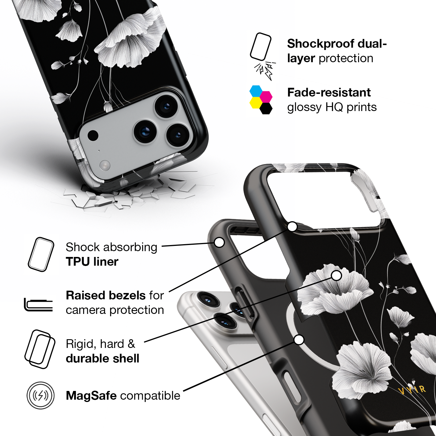 Elegant Inked Blossoms - Shockproof MagSafe iPhone Case - VYIR