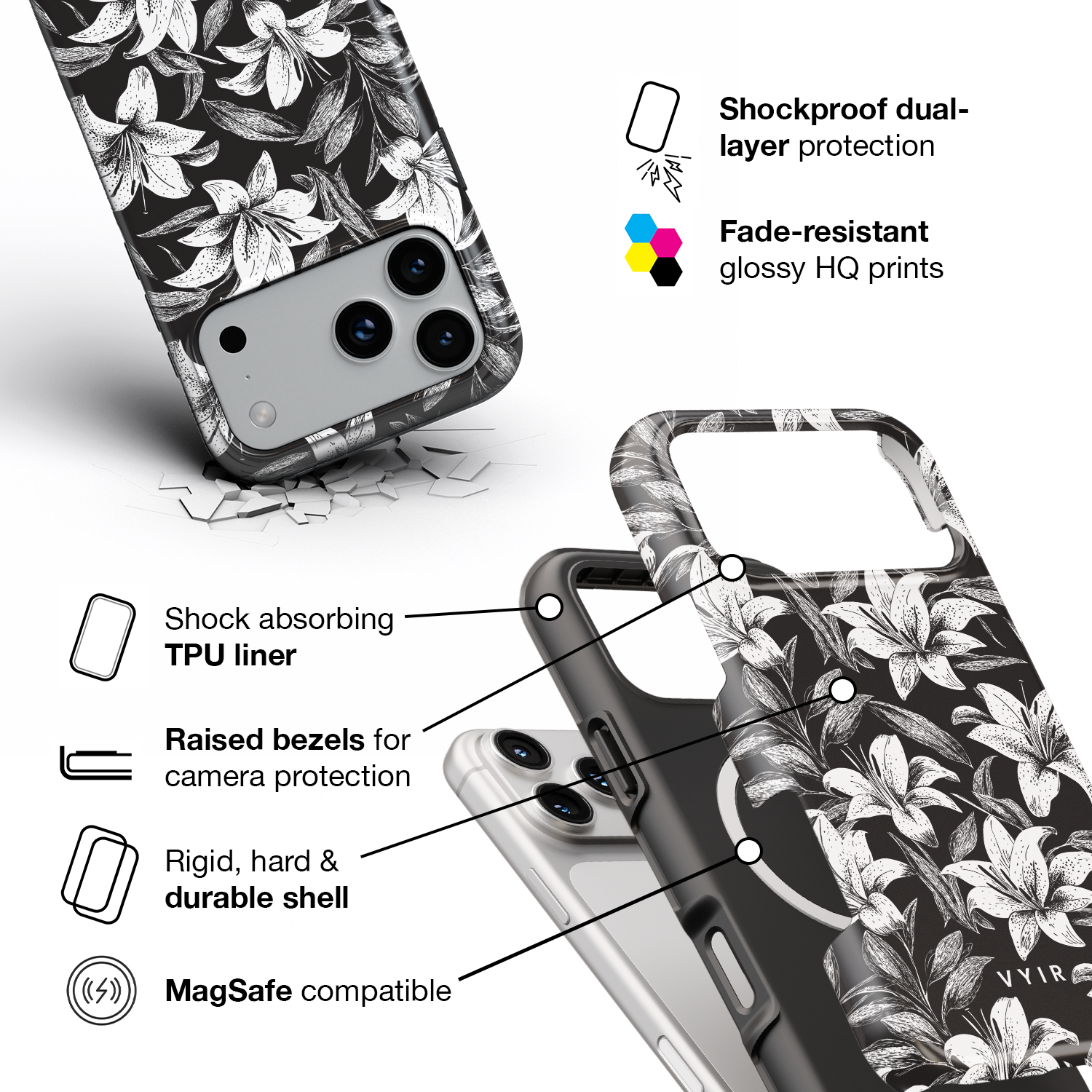 Monochrome Lilies - Shockproof MagSafe iPhone Case - VYIR