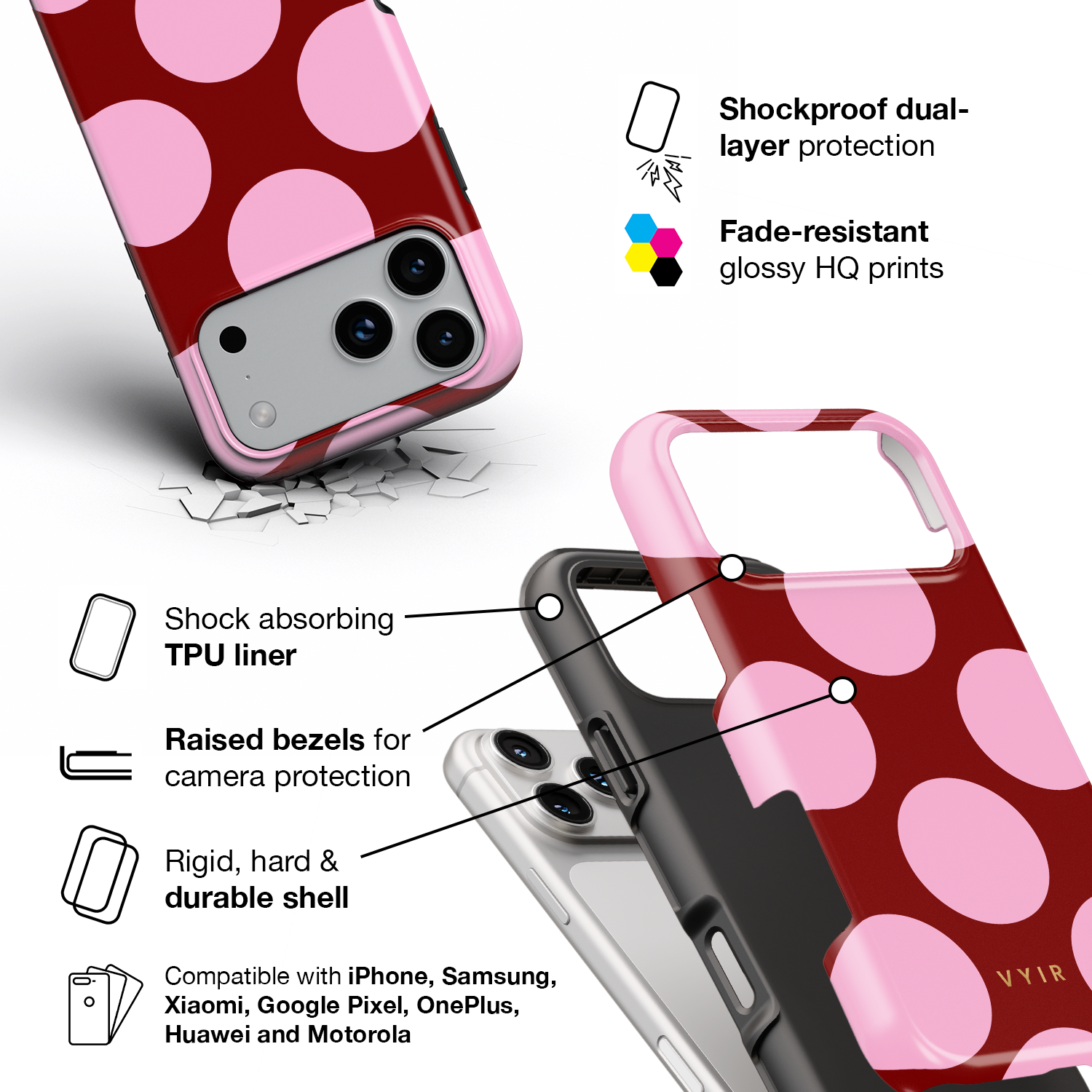 Large Polka Dots, Burgundy Pink - Shockproof Phone Case - VYIR