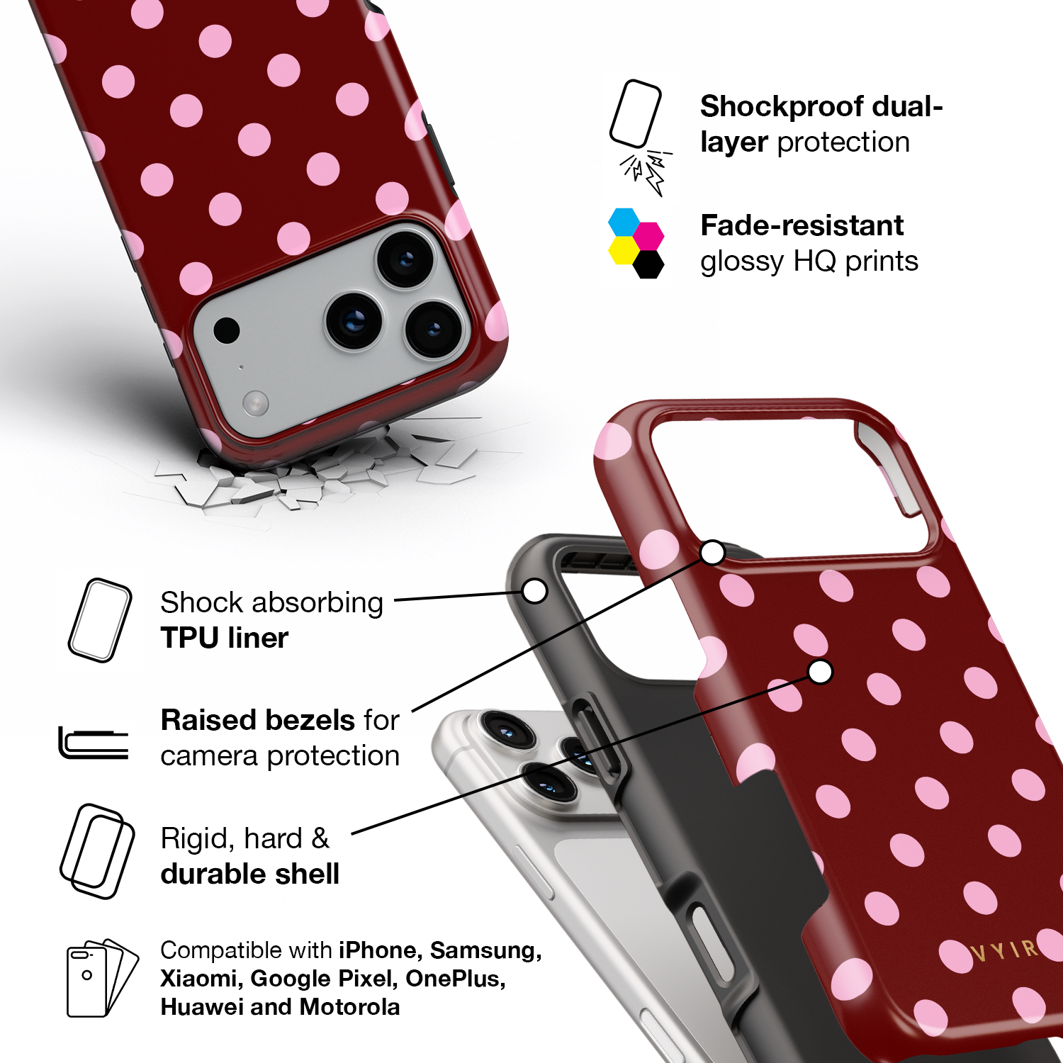 Classic Polka Dots, Burgundy - Shockproof Phone Case - VYIR