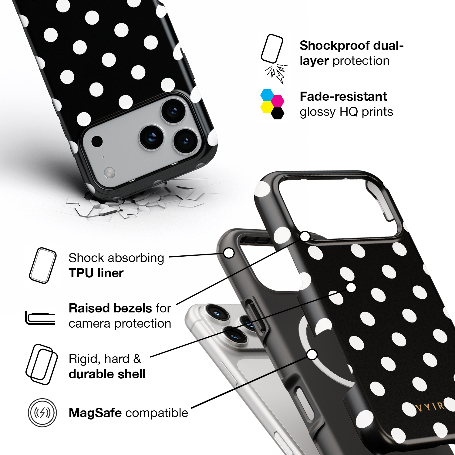 Classic Polka Dots, Black Noir - Shockproof MagSafe iPhone Case - VYIR