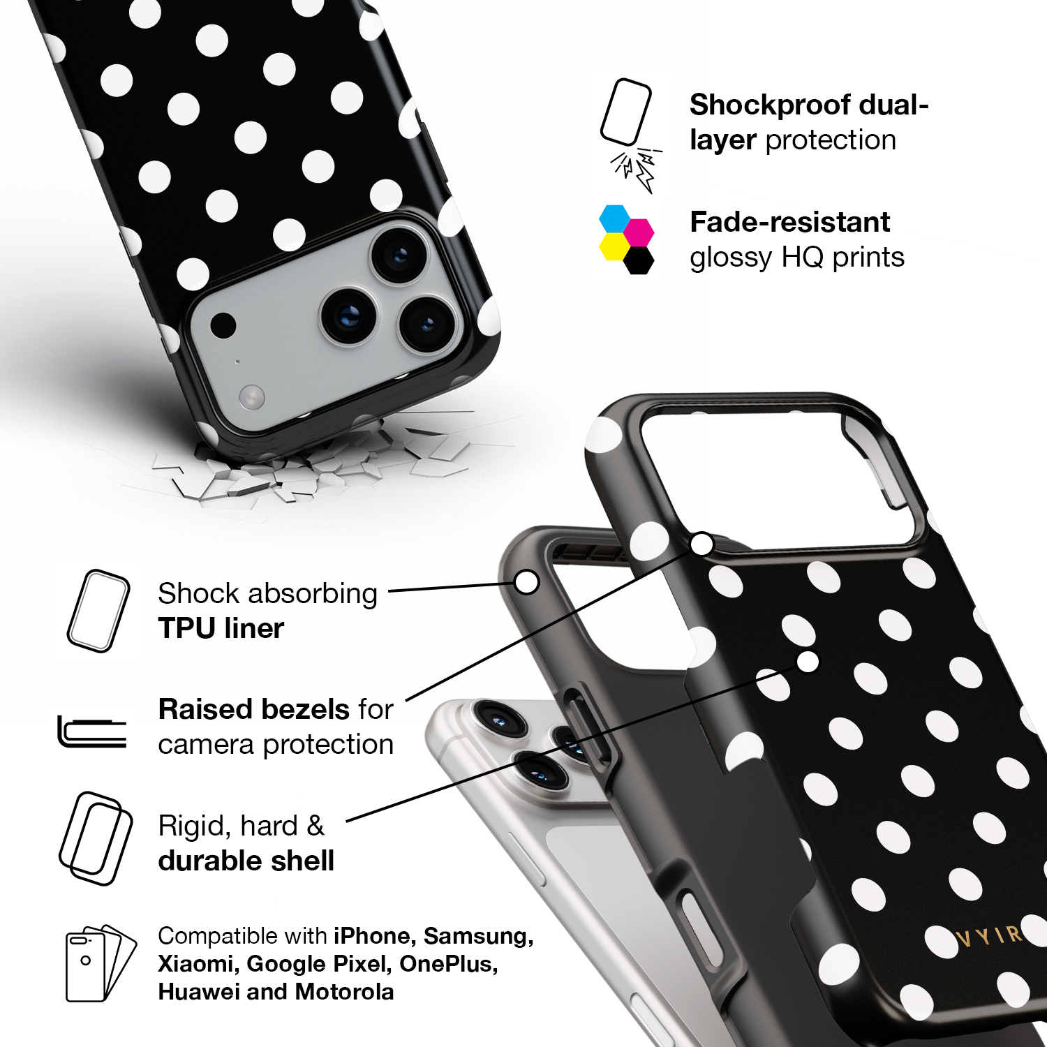 Classic Polka Dots, Black Noir - Shockproof Phone Case - VYIR