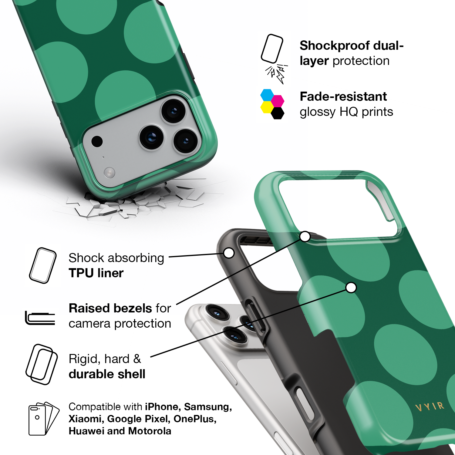 Large Polka Dots, Emerald Green - Shockproof Phone Case - VYIR