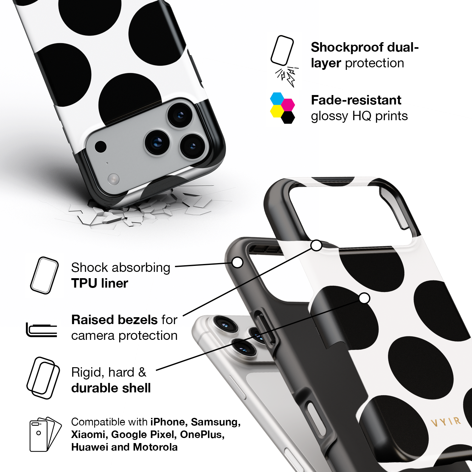Large Polka Dots, Mono Black - Shockproof Phone Case - VYIR