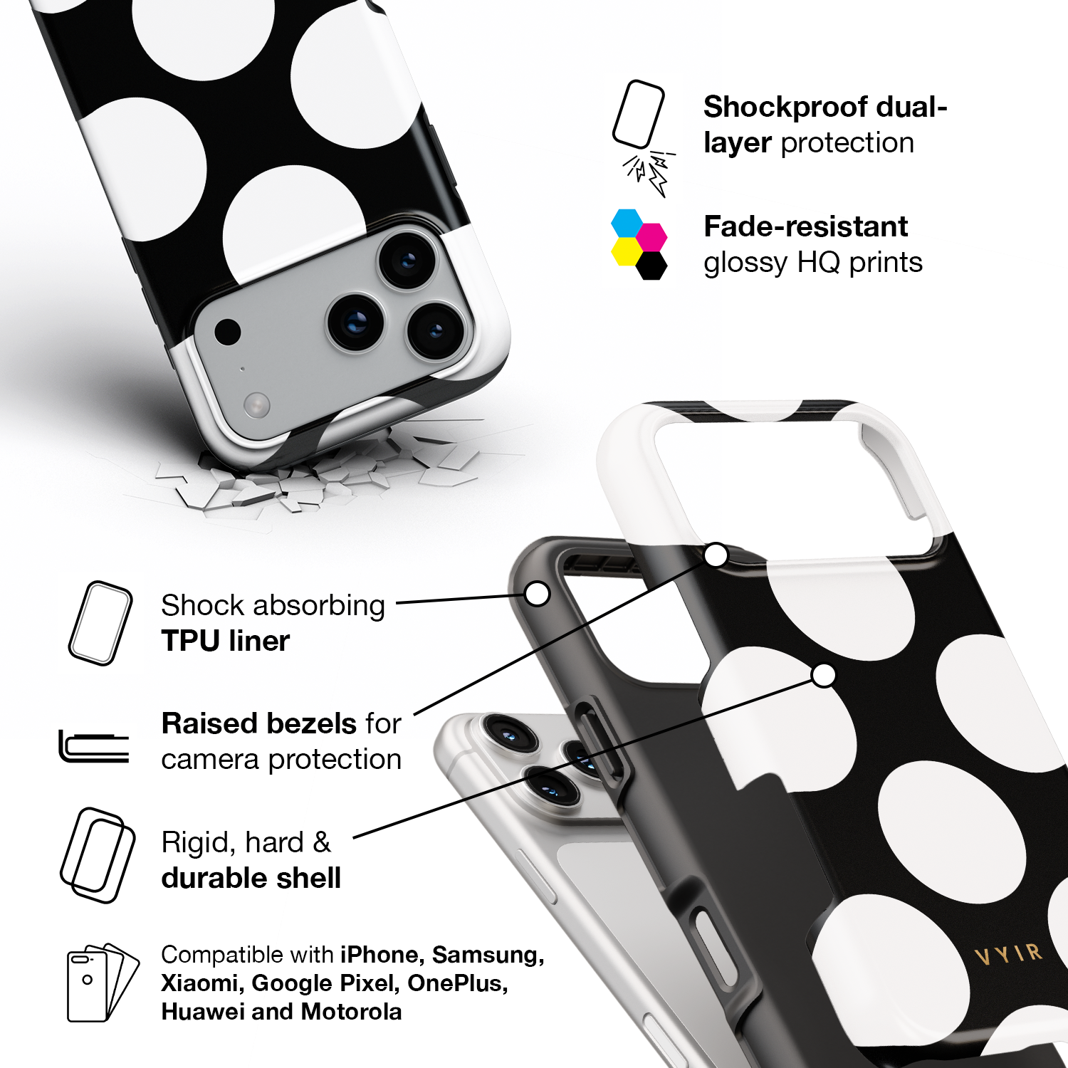 Large Polka Dots, Black Sparkle - Shockproof Phone Case - VYIR