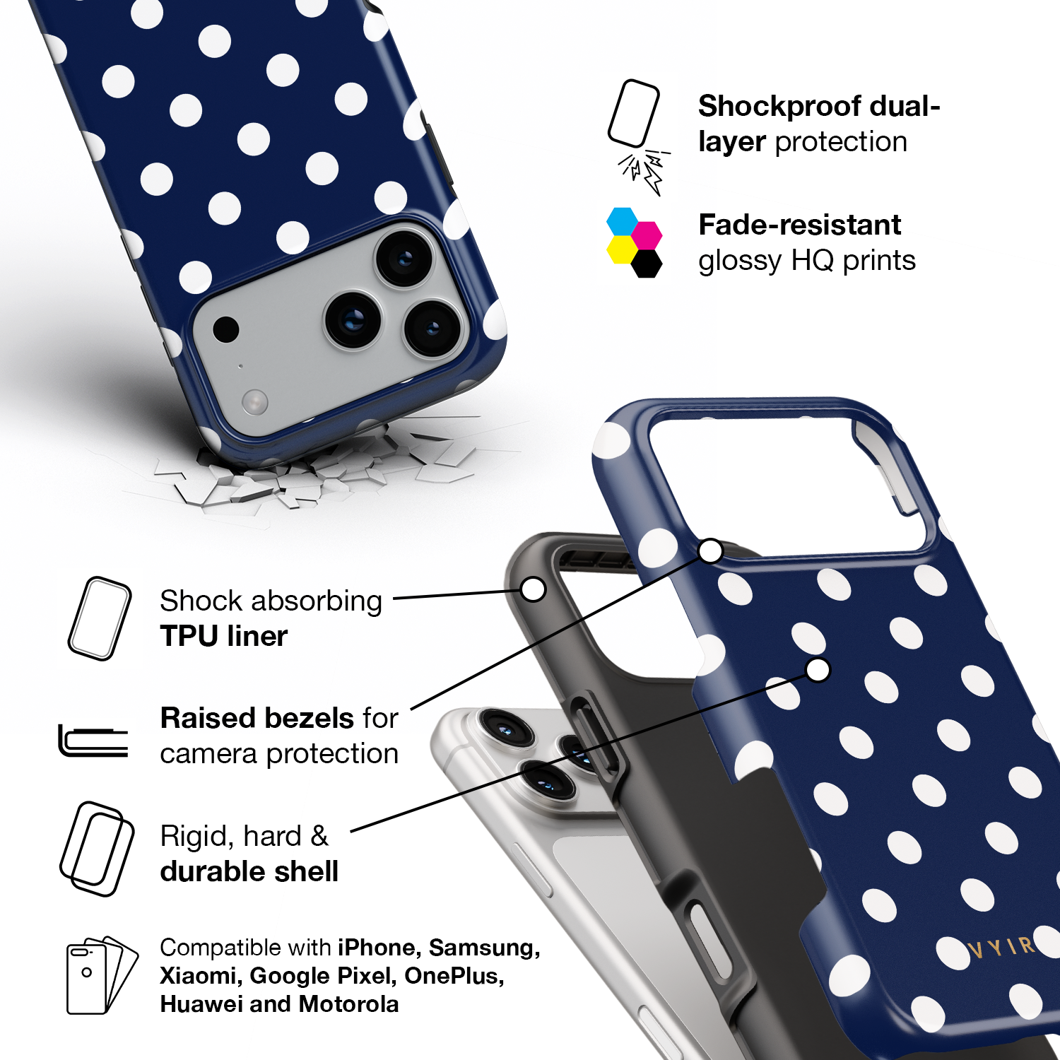 Classic Polka Dots, Old Money Blue - Shockproof Phone Case - VYIR
