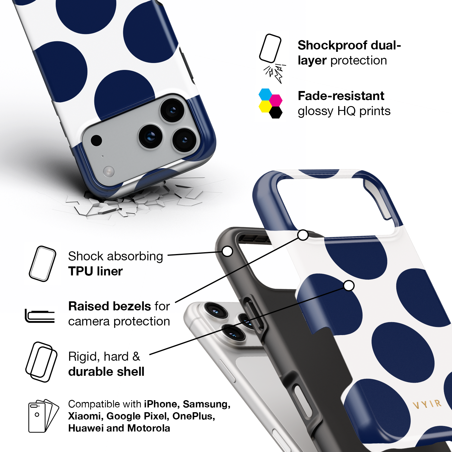 Large Polka Dots, Old Money Blue - Shockproof Phone Case - VYIR
