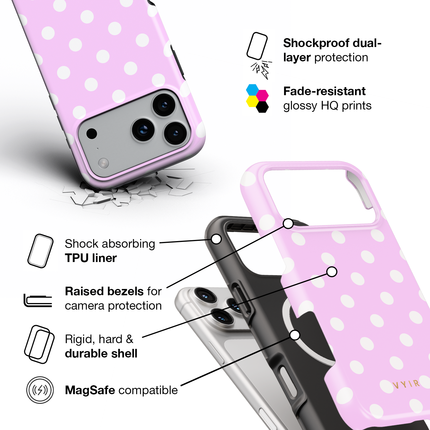 Classic Polka Dots, Pastel Pink - Shockproof MagSafe iPhone Case - VYIR