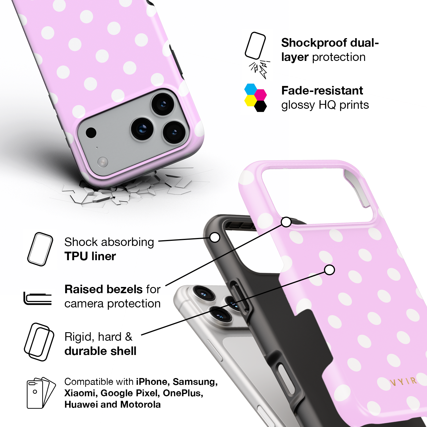 Classic Polka Dots, Pastel Pink - Shockproof Phone Case - VYIR