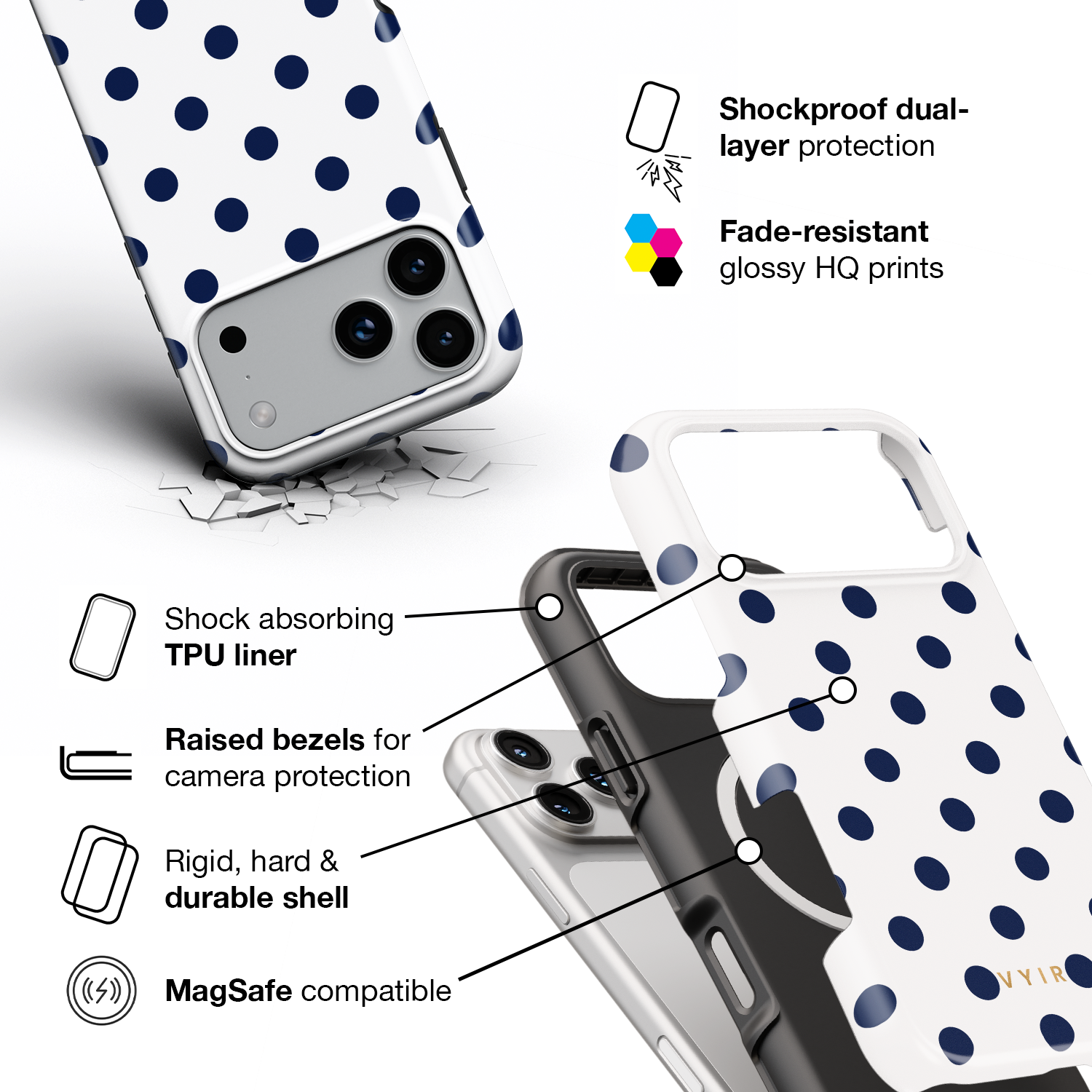 Classic Polka Dots, Sailor Blue - Shockproof MagSafe iPhone Case - VYIR