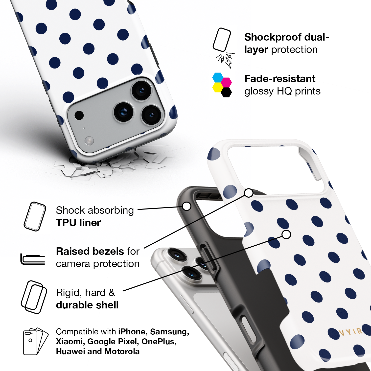 Classic Polka Dots, Sailor Blue - Shockproof Phone Case - VYIR