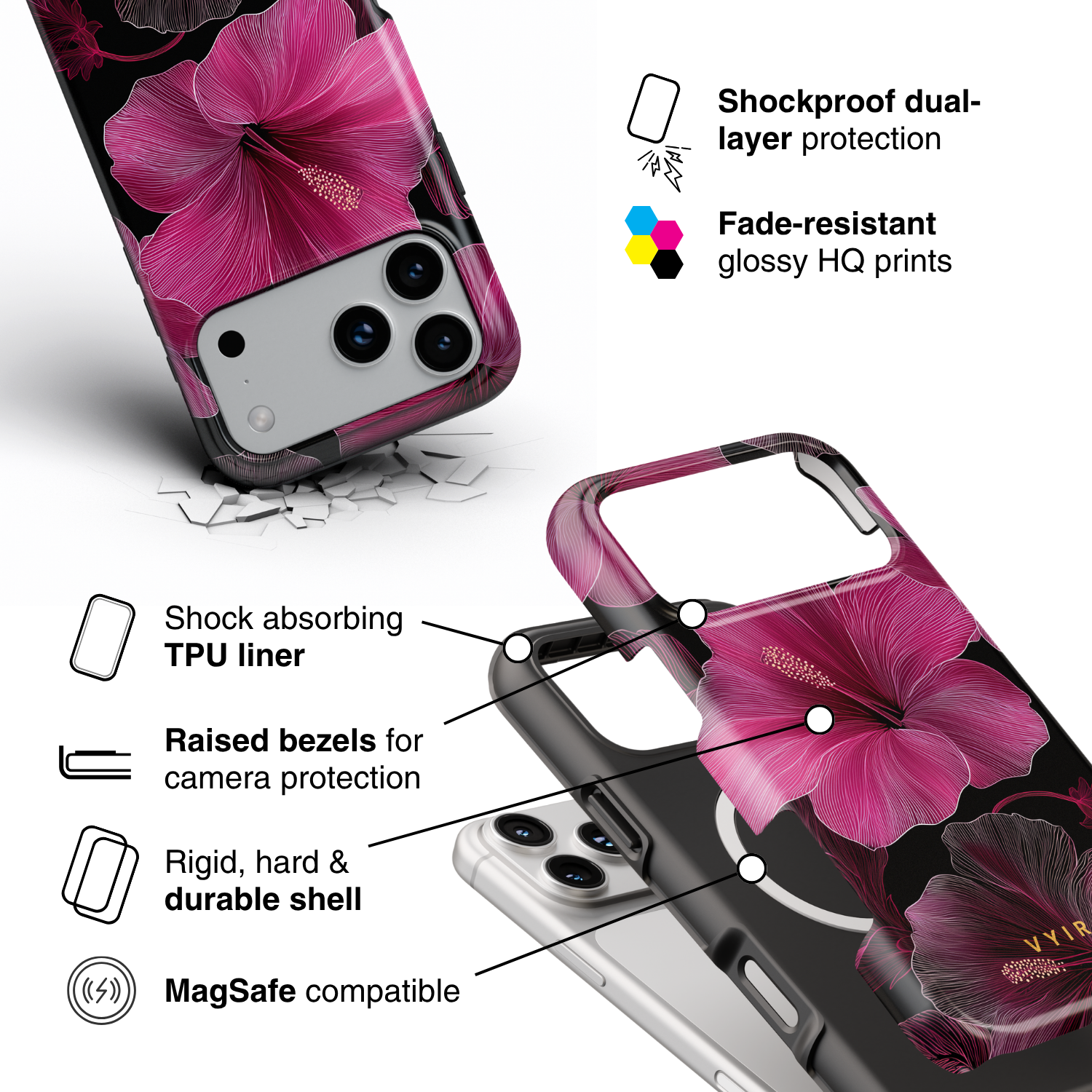 Midnight Hibiscus - Shockproof MagSafe iPhone Case - VYIR