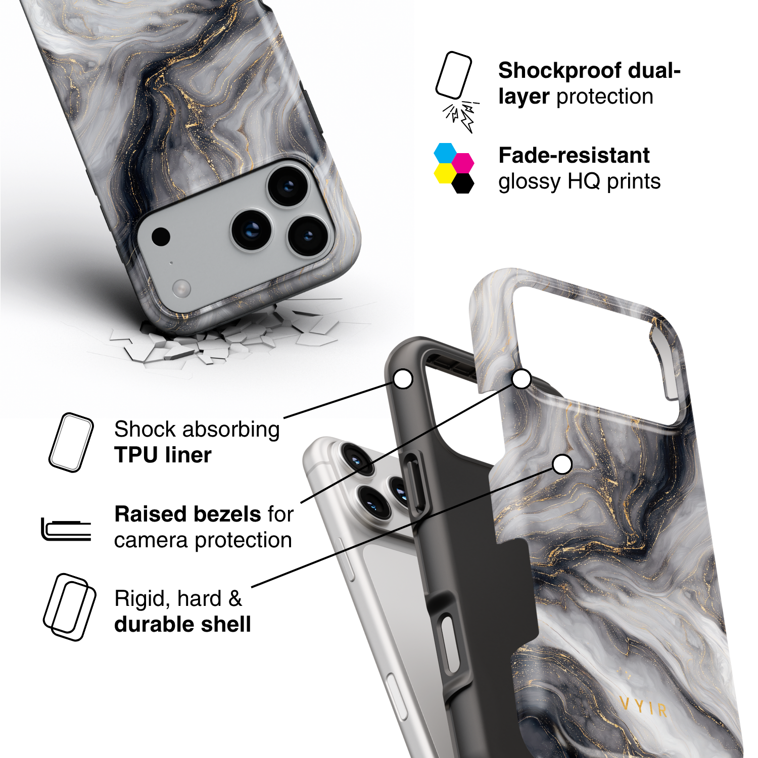 Golden Luxe Marble Black - Shockproof Phone Case - VYIR