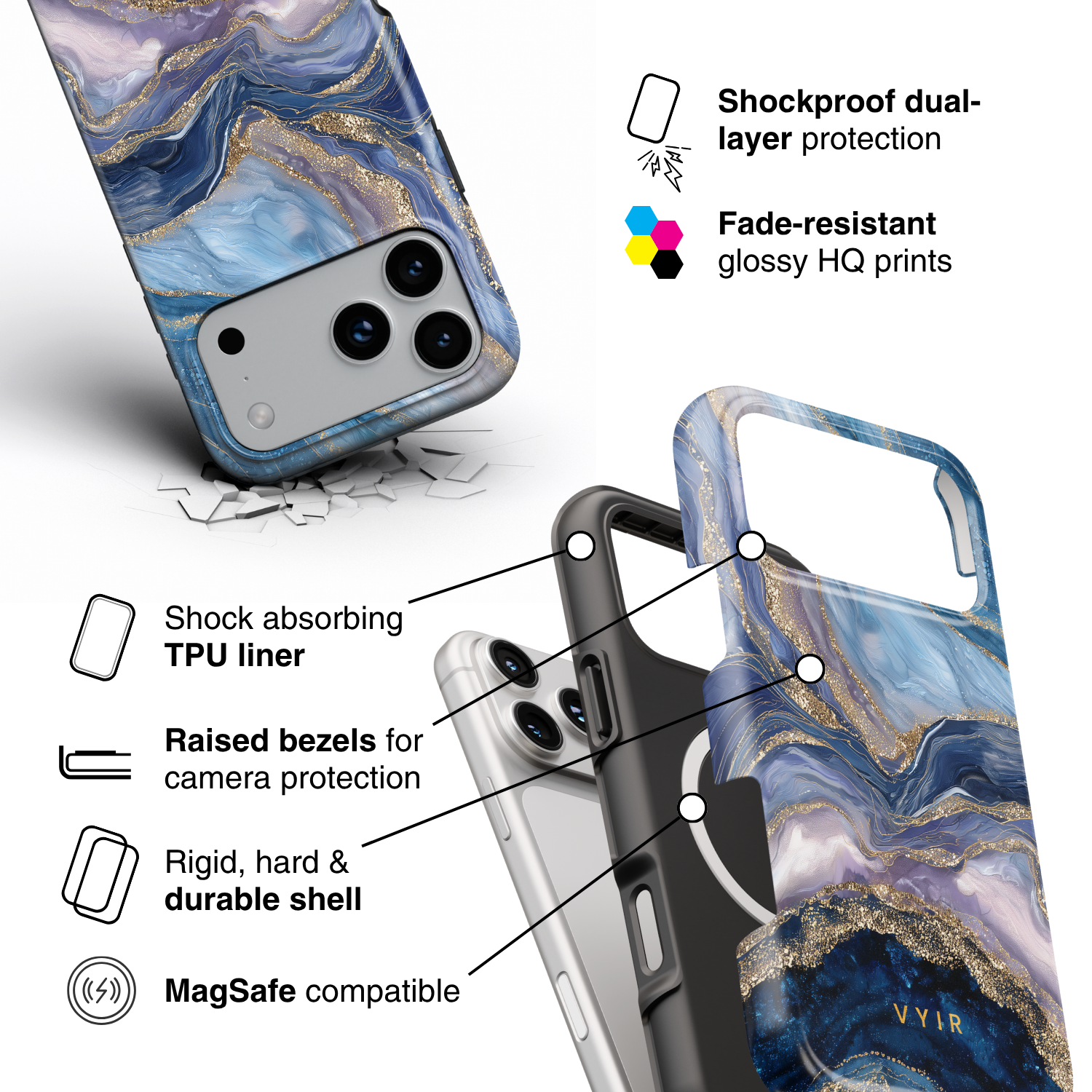 Golden Luxe Marble Blue - Shockproof MagSafe iPhone Case - VYIR