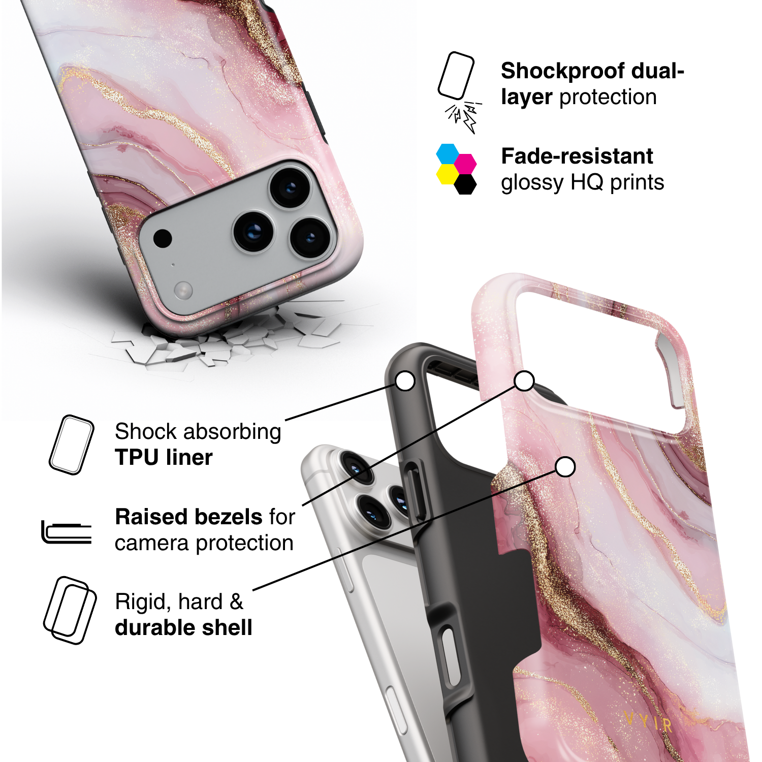 Golden Luxe Marble Pink - Shockproof Phone Case - VYIR