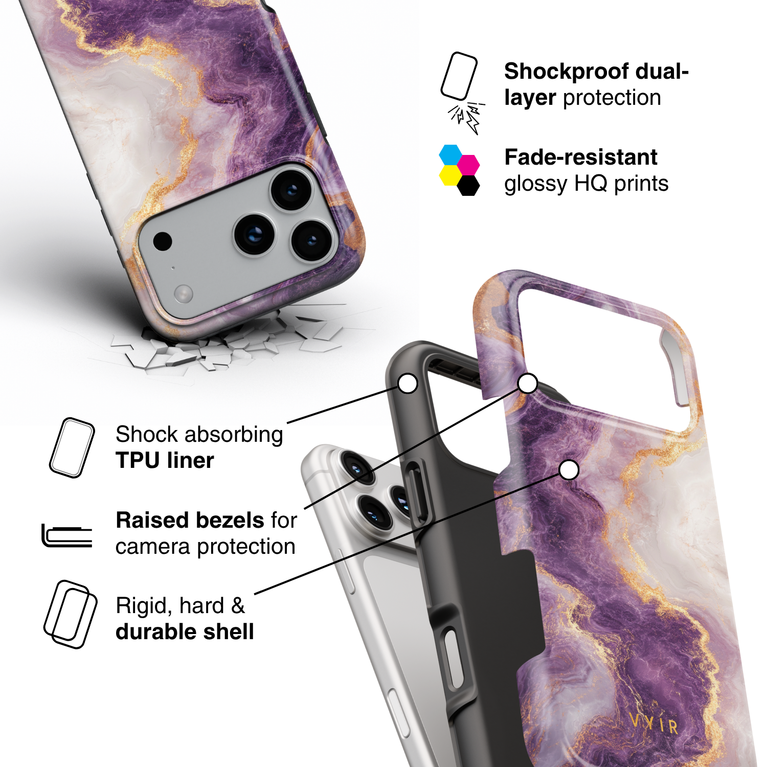 Golden Luxe Marble Purple - Shockproof Phone Case - VYIR