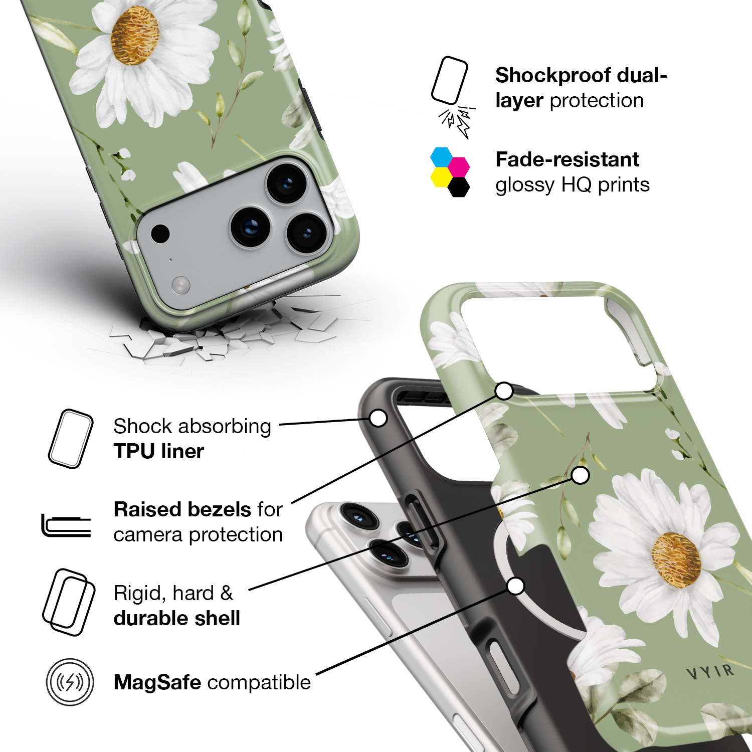Sage Daisy Garden - Shockproof MagSafe iPhone Case - VYIR