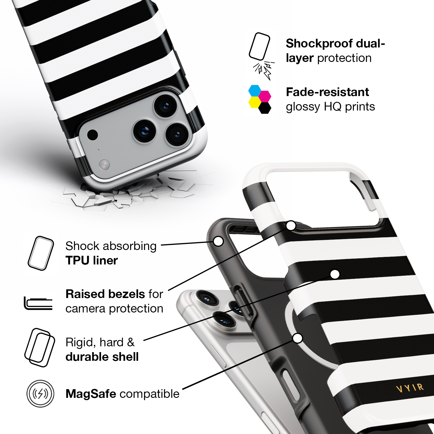 Horizontal Stripes, Black and White - Shockproof MagSafe iPhone Case - VYIR