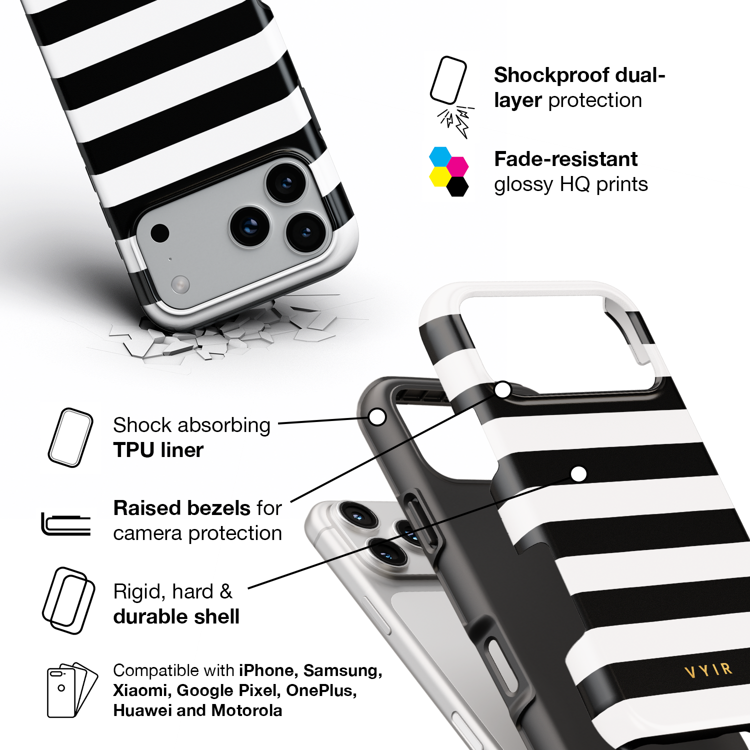 Horizontal Stripes, Black and White - Shockproof Phone Case - VYIR