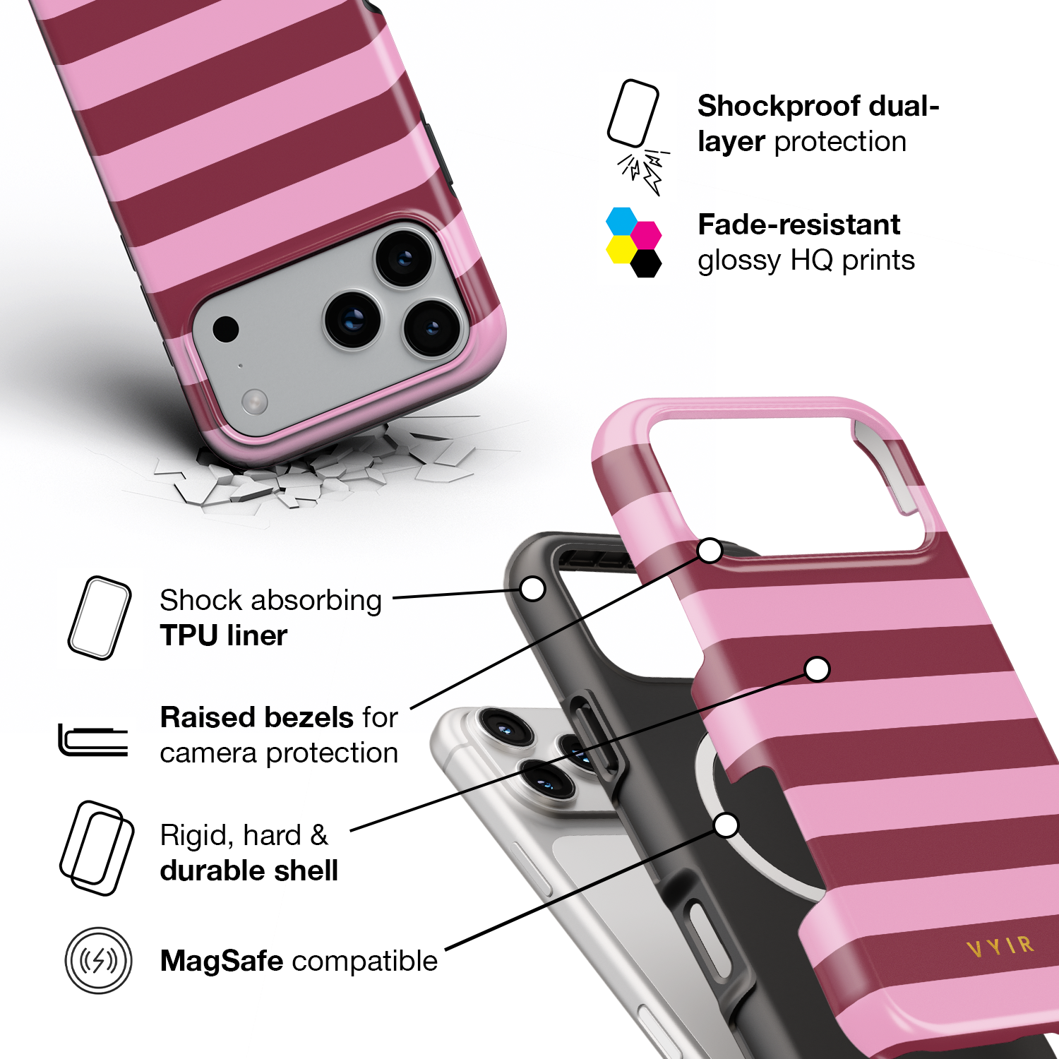 Horizontal Stripes, Candy Pink - Shockproof MagSafe iPhone Case - VYIR