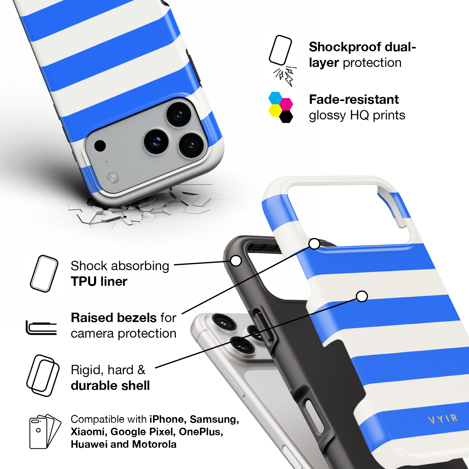 Horizontal Stripes, Riviera Blue - Shockproof Phone Case - VYIR