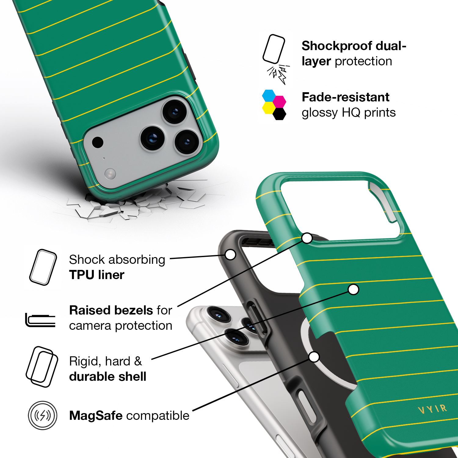 Horizontal Stripes, Goldline Green - Shockproof MagSafe iPhone Case - VYIR