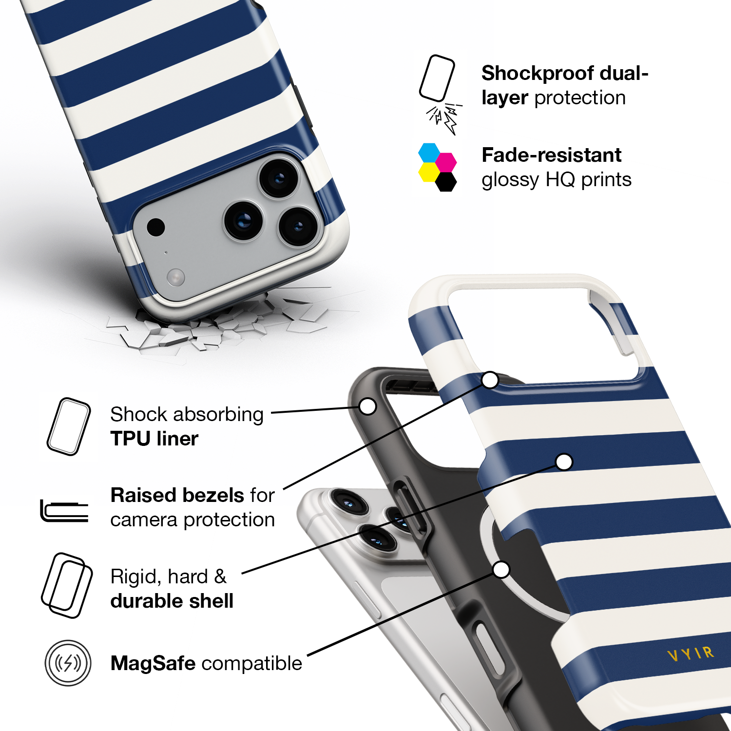 Horizontal Stripes, Old Money Blue - Shockproof MagSafe iPhone Case - VYIR