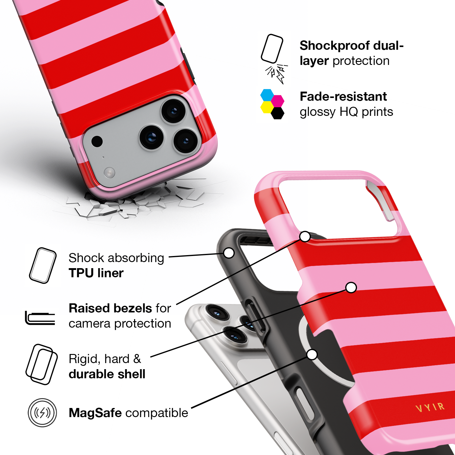 Horizontal Stripes, Red Blush - Shockproof MagSafe iPhone Case - VYIR