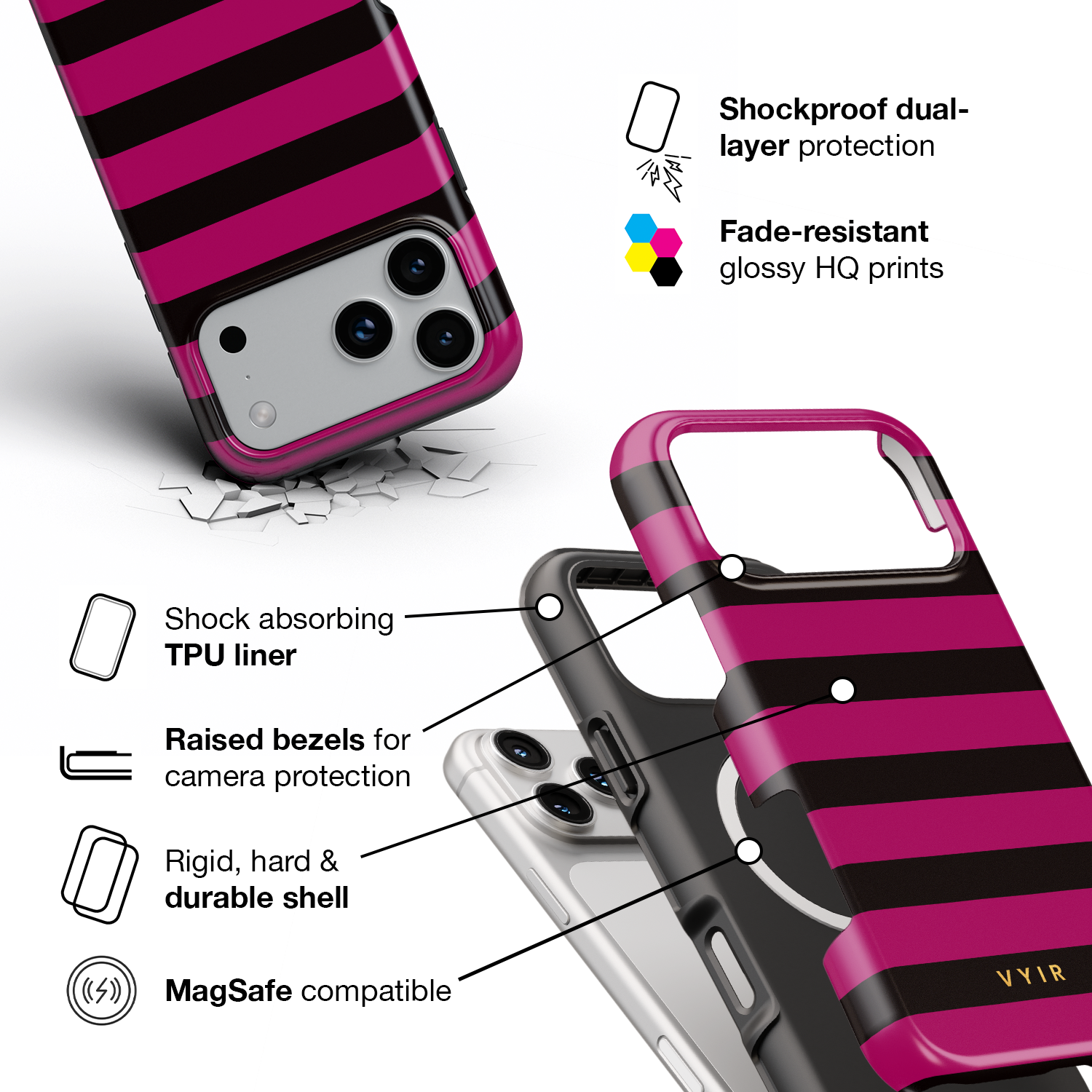 Horizontal Stripes, Wine Red - Shockproof MagSafe iPhone Case - VYIR