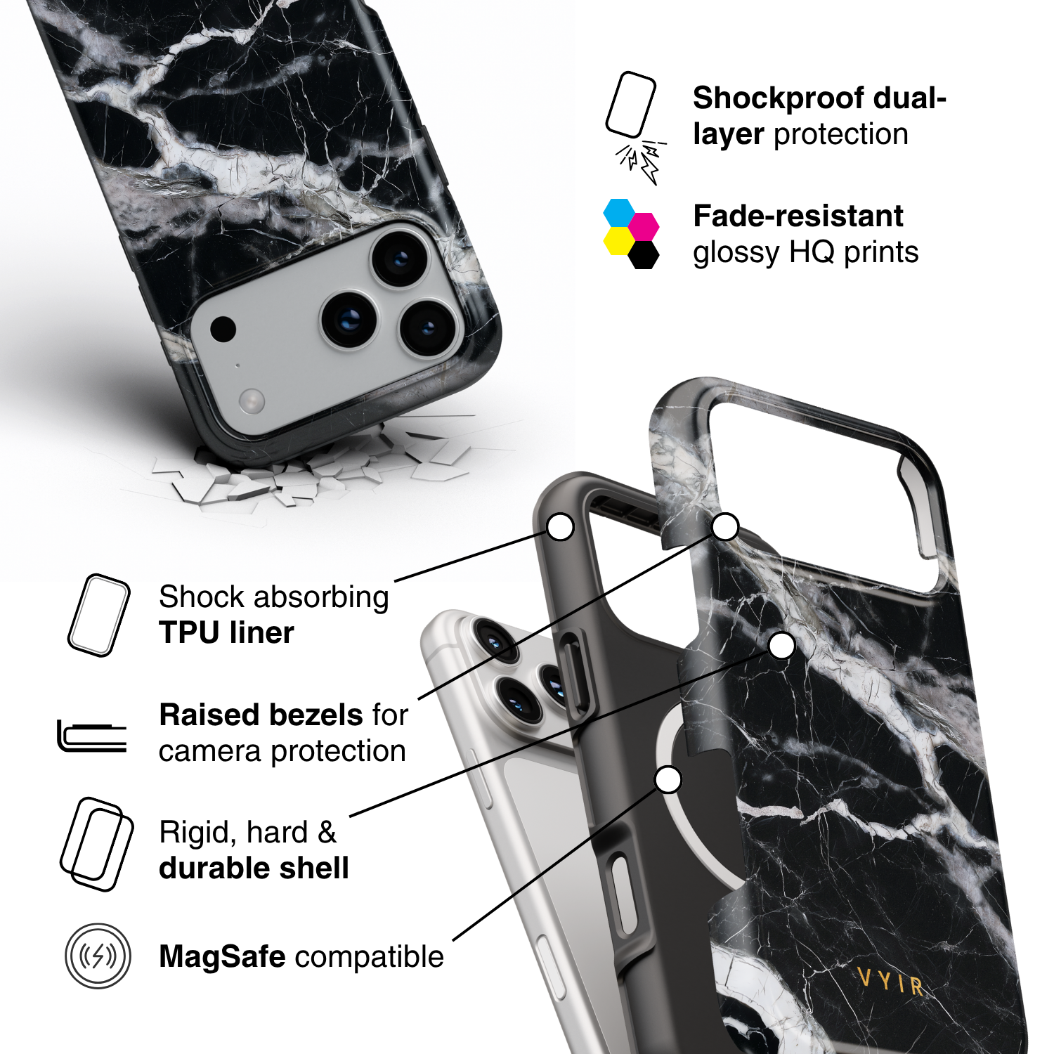 Italian Marble Black - Shockproof MagSafe iPhone Case - VYIR