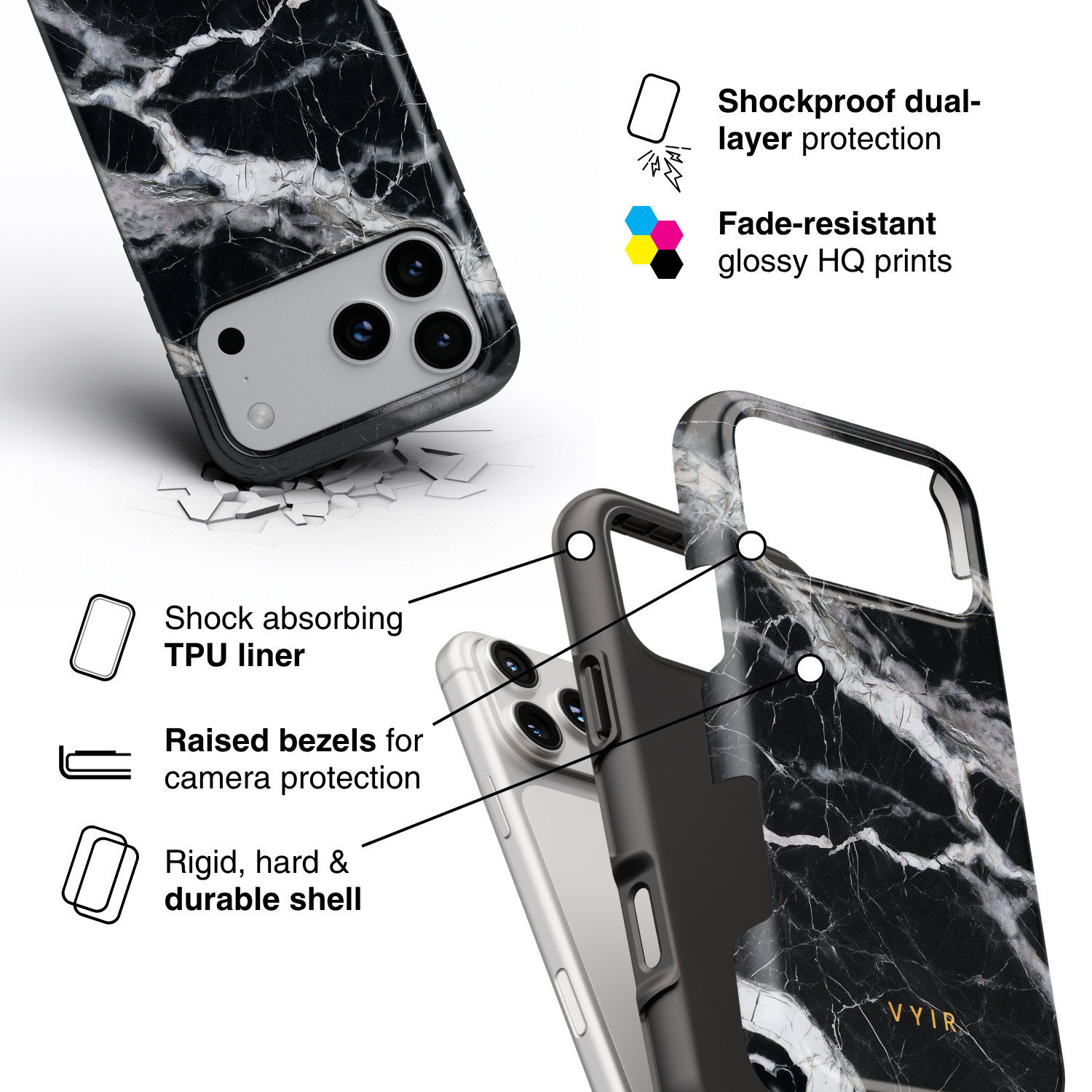 Italian Marble Black - Shockproof Phone Case - VYIR