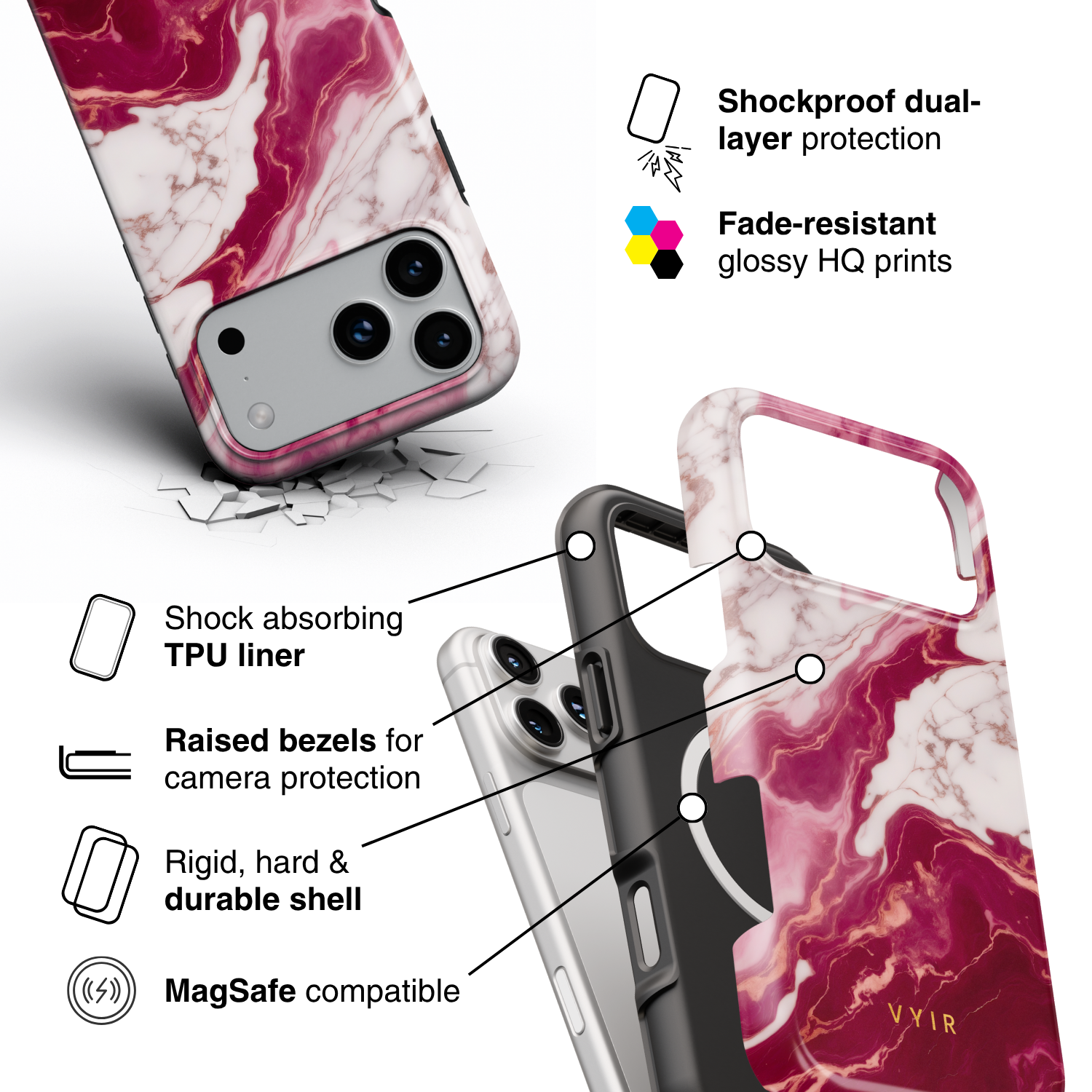 Italian Marble Burgundy - Shockproof MagSafe iPhone Case - VYIR