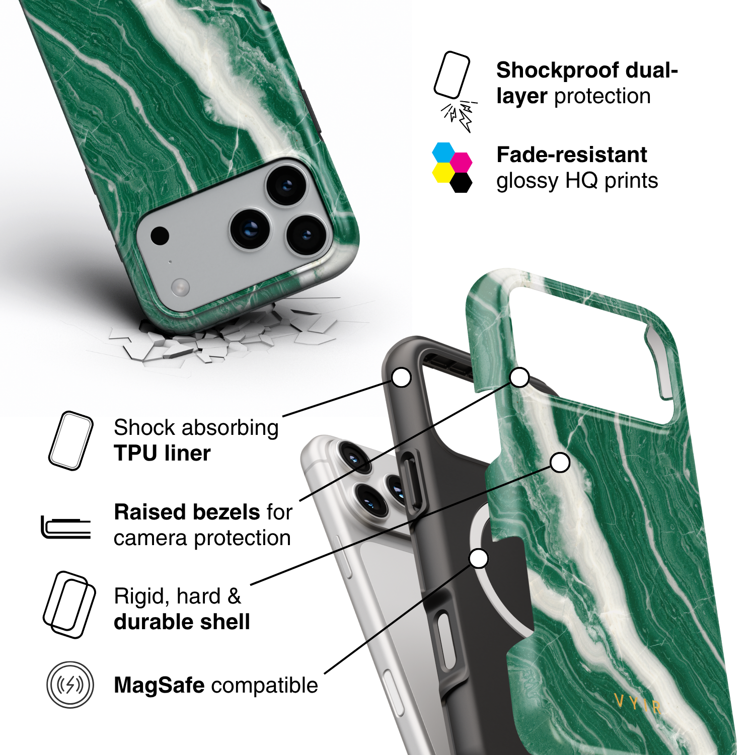 Italian Marble Green - Shockproof MagSafe iPhone Case - VYIR