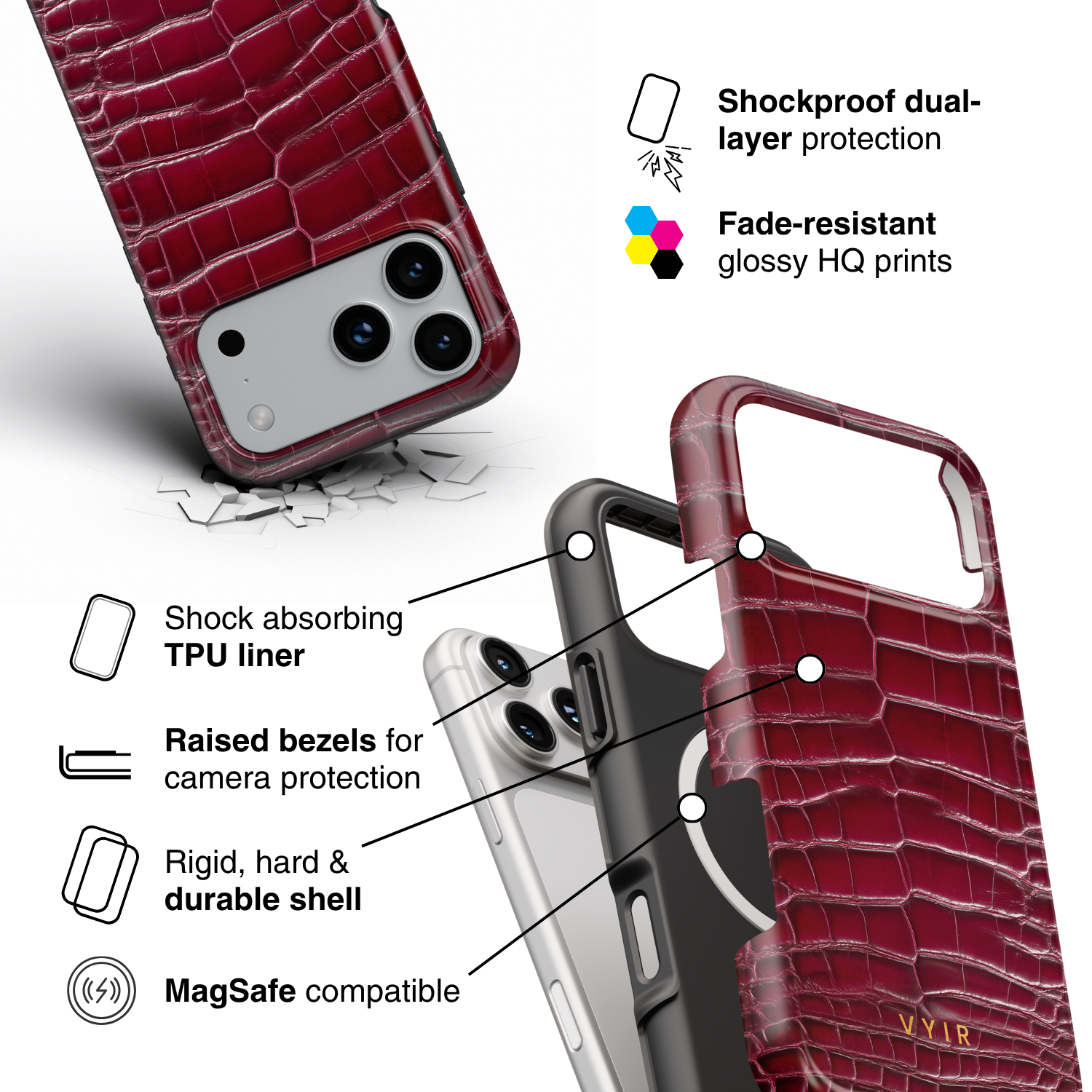 Croc Leather Print Burgundy - Shockproof MagSafe iPhone Case - VYIR