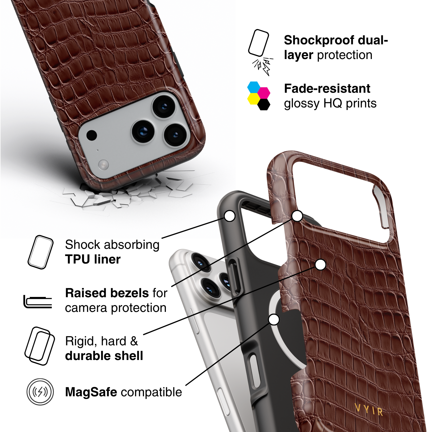 Croc Leather Print Mocha - Shockproof MagSafe iPhone Case - VYIR